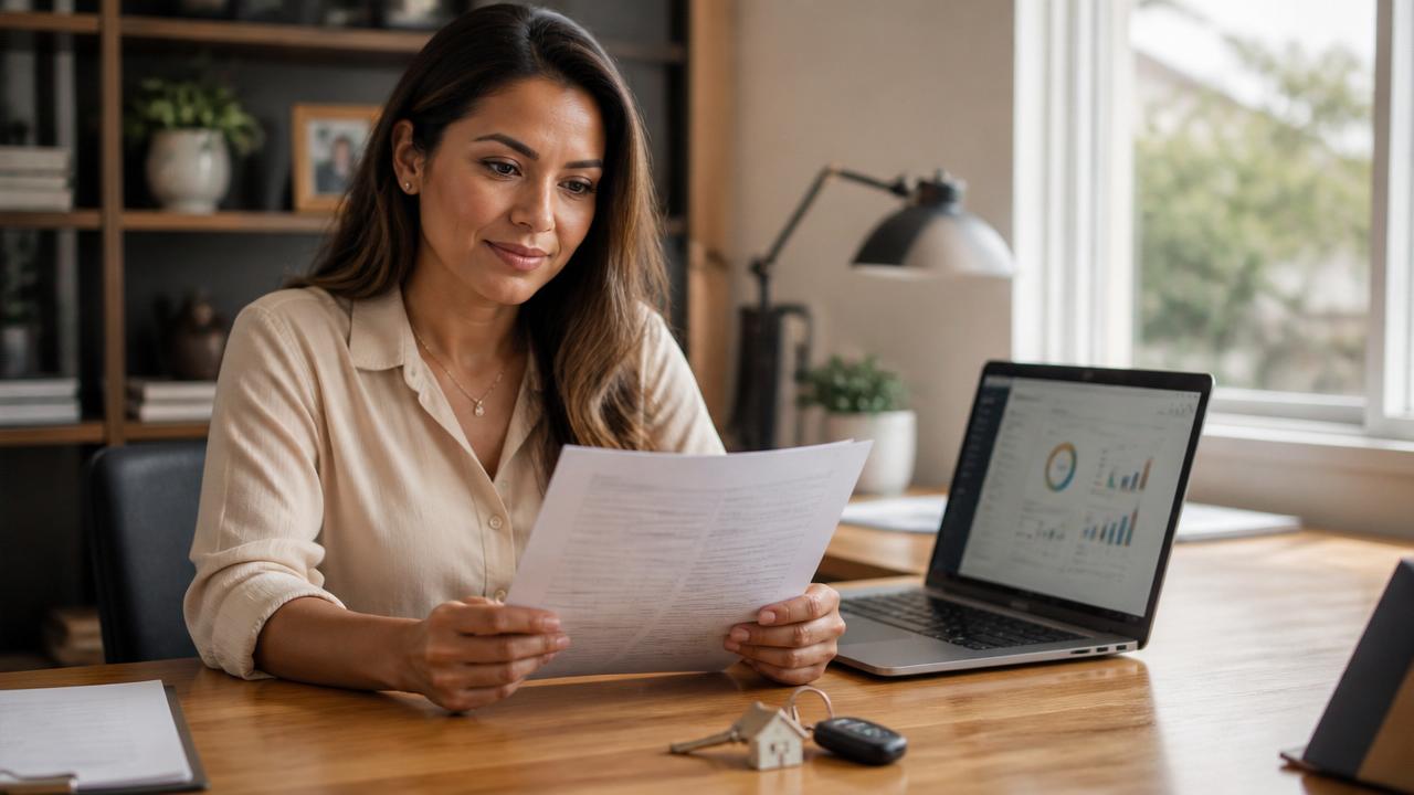 Mulher analisando documentos e proposta de refinanciamento de veículo com garantia em laptop