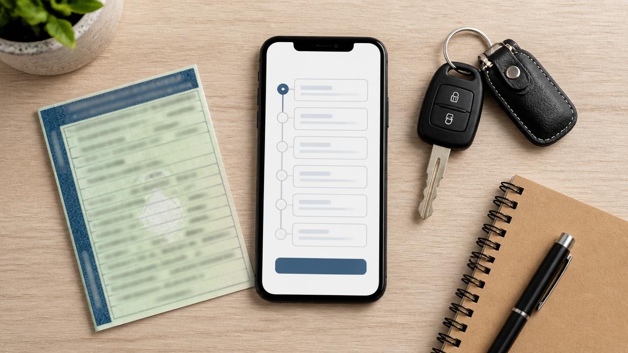 Simulação online passo a passo do crédito com garantia de carro: celular exibindo etapas do formulário, chaves e documento do veículo sobre a mesa