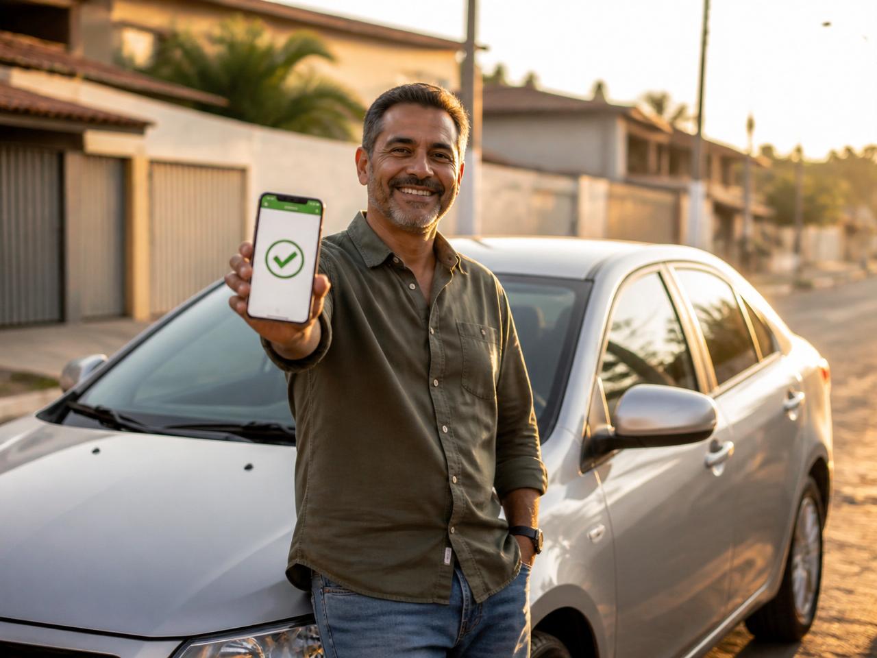 Homem sorrindo com celular exibindo aprovação da simulação online de empréstimo com garantia de veículo, ao lado do seu carro